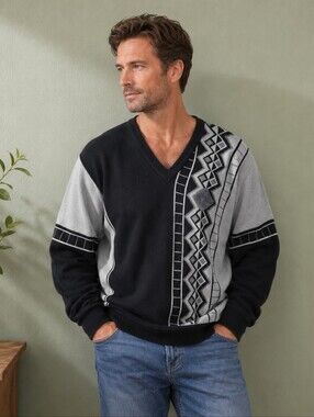 Gabicci Italy Wool Blend V Neck Sweater XL Black Gray Geometric